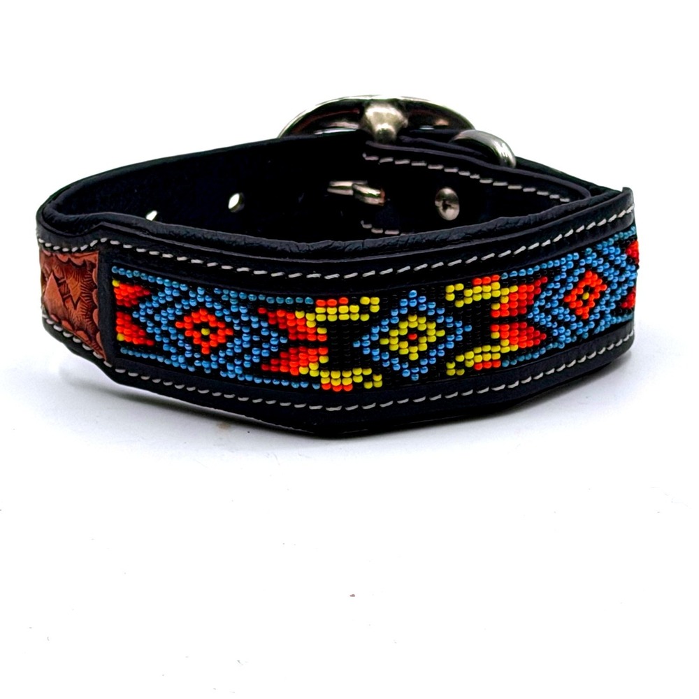 Myra Dodger Trail Dog Collar Black Leather Beaded Tooled Southwestern Small